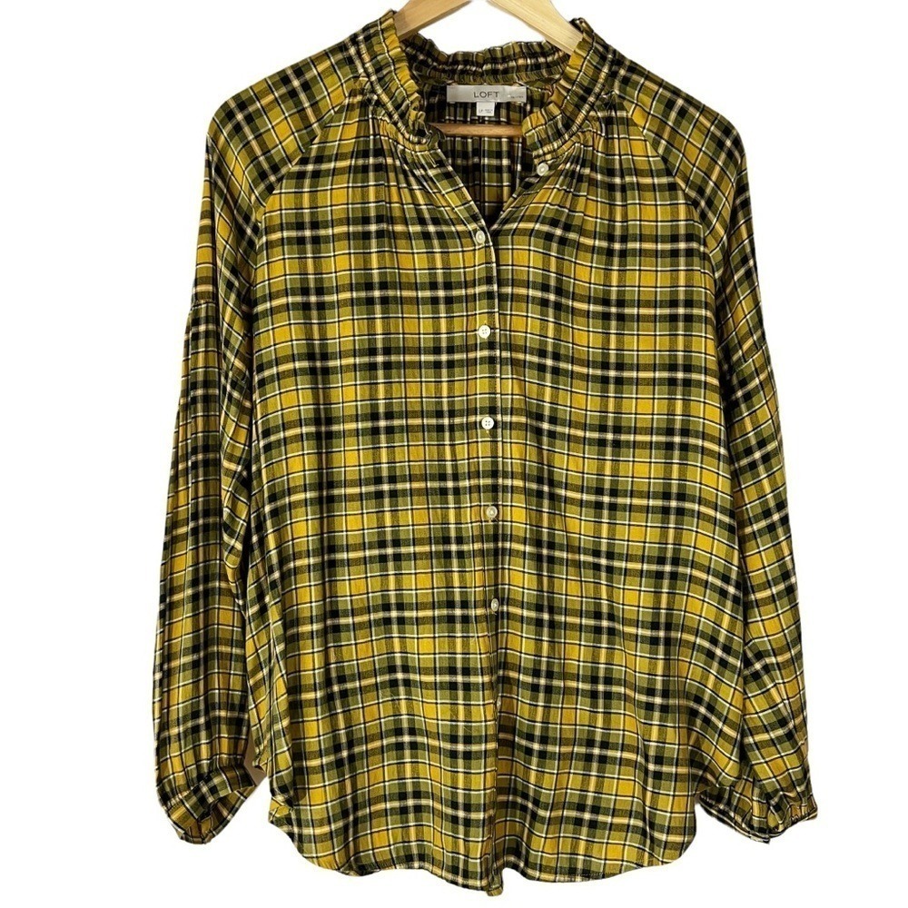 Ann Taylor LOFT Mustard Yellow Plaid Button Down Blouse LP Academia Office